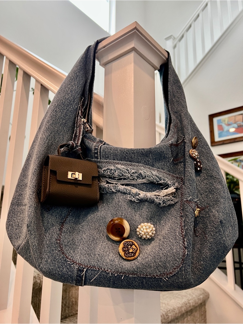 Casual Denim Shoulder Bag with Decorative Accents - not professionally made DIY